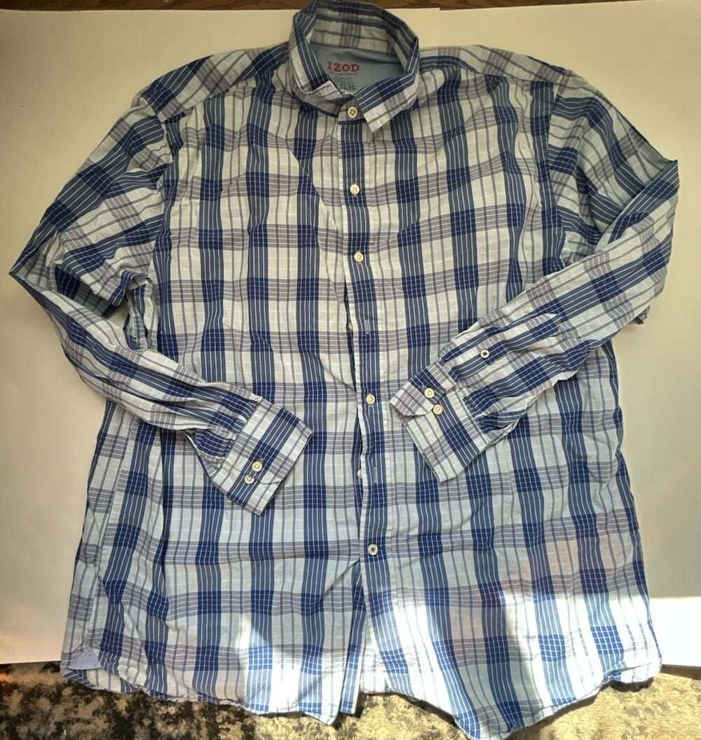 IZOD Light Weight Poplin Shirt Size XL Blue Plaid Long Sleeve Button Up